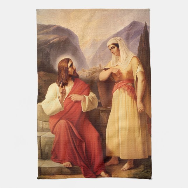 Christ and the Samaritan by Christian Schleisner Tea Towel (Vertical)