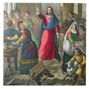 Christ Cleanses the Temple, from a bible printed b Tile