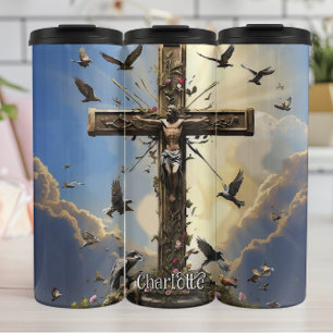 Christ Cross Ascends Doves Flowers Thermal Tumbler