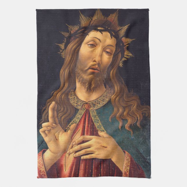 Christ Crowned with Thorns by Sandro Botticelli Tea Towel (Vertical)
