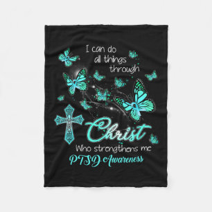 Christ God Cross Strengthen Me Butterfly Teal Ptsd Fleece Blanket