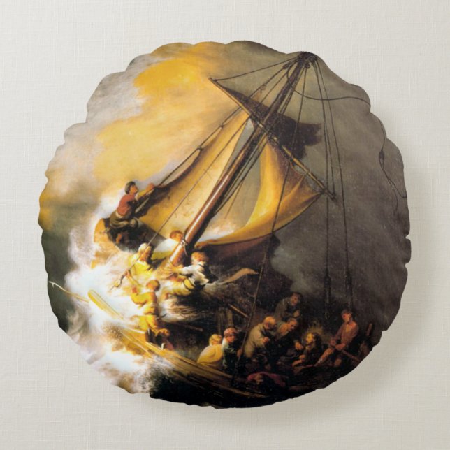 Christ in the Storm on Sea of Galilee- Rembrandt Round Cushion (Front)