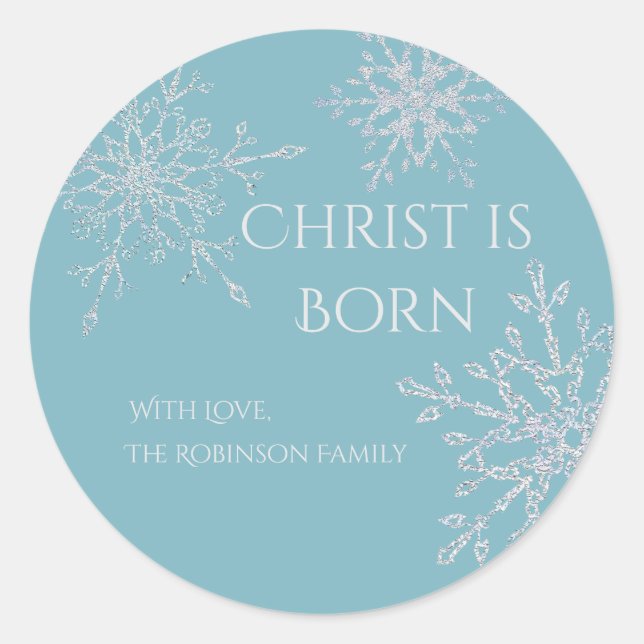 Christ is Born Blue White Snowflake Christmas Gift Classic Round Sticker (Front)