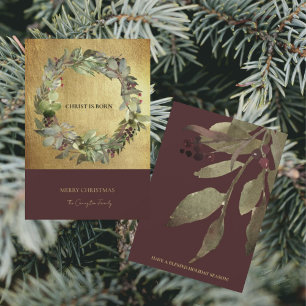 Christ is Born Christmas Greenery Gold Holiday Card