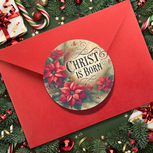 Christ Is Born Christmas Poinsettia Religious  Classic Round Sticker (Creator Uploaded)