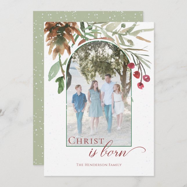Christ is Born Religious Christmas Greenery Photo Holiday Card (Front/Back)