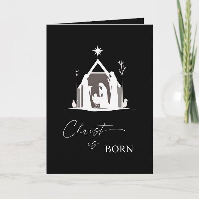 Christ is Born White Nativity Black Christmas II Holiday Card (Front)