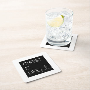 Christ Is Life Heartbeat Line and Cross Square Paper Coaster