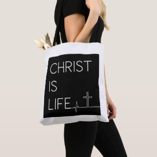Christ Is Life Heartbeat Line and Cross Tote Bag