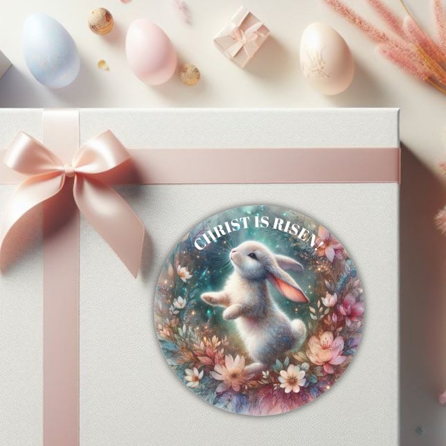 Christ Is Risen Floral Happy Easter Bunny Classic Round Sticker (Creator Uploaded)