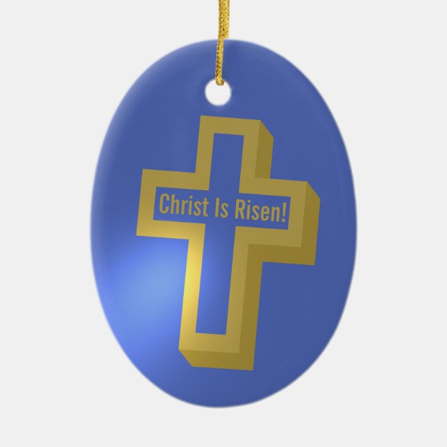 Christ Is Risen Gold Lit Christian Cross Easter Ceramic Ornament (Front)