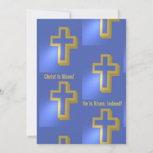 Christ is Risen Indeed Gold Christian Cross Blue Holiday Card