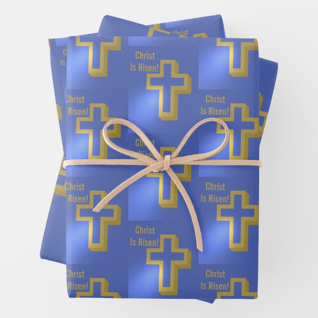 Christ is Risen Pattern Gold Cross Blue Holiday Wrapping Paper Sheet (In situ)