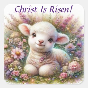 Christ Is Risen Watercolor Easter Lamb Flowers  Square Sticker