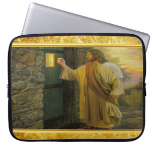 Christ Knocking on a Weathered Wooden Door Gold Laptop Sleeve