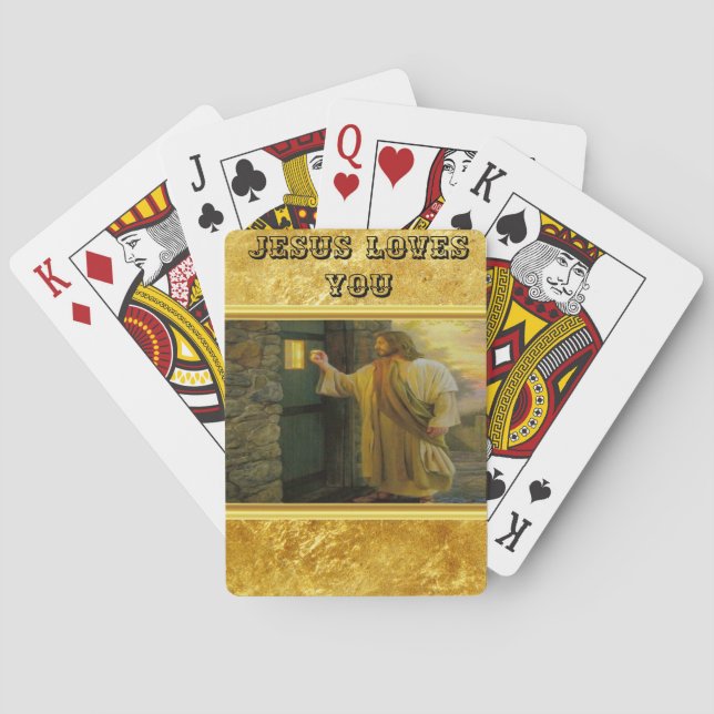 Christ Knocking on a Weathered Wooden Door Gold  Playing Cards (Back)