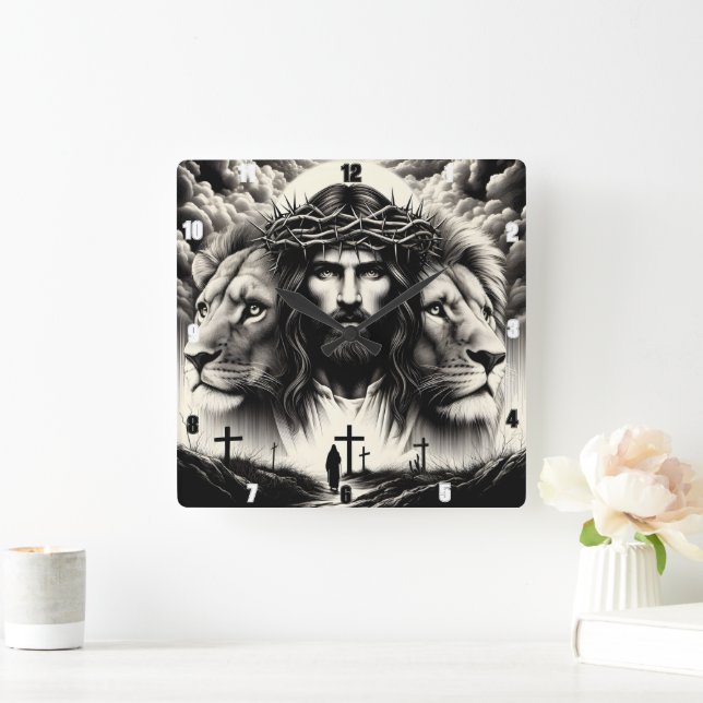 Christ Lions Crosses Spiritual Power Square Wall Clock (Home)