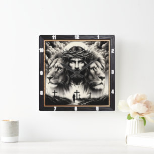 Christ Lions Crosses Spiritual  Square Wall Clock