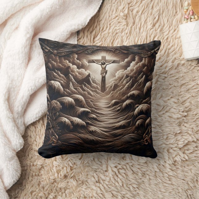 Christ On The Cross Amidst Waves And Mountains Cushion (Blanket)