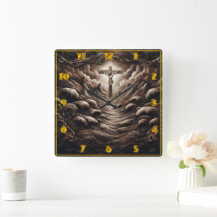 Christ On The Cross Amidst Waves And Mountains Square Wall Clock