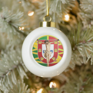 Christ over Portuguese flag Ceramic Ball Christmas Ornament