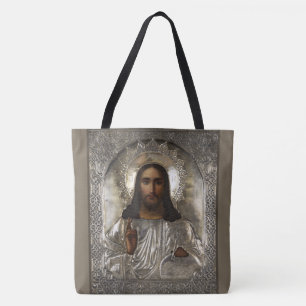 Christ Pantocrator Silver Oklad Riza Russian Icon  Tote Bag