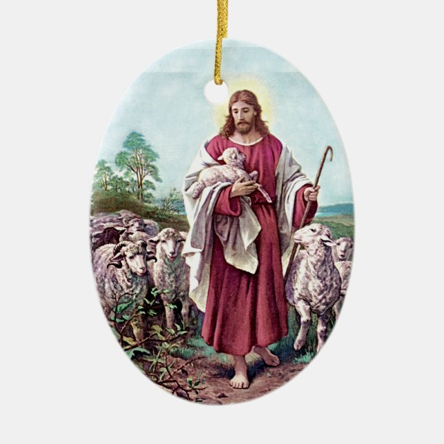 Christ The Good Shepherd Bernard Plockhorst 1878 Ceramic Tree Decoration (Front)