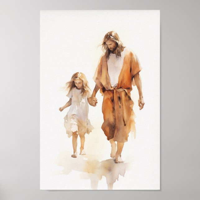 Christ with Girl Watercolor Art Print  (Front)