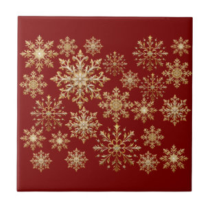 Christams Gold and Red Snowflake Ceramic Tile