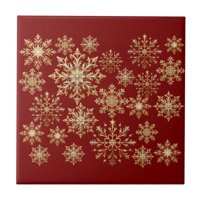 Christams Gold and Red Snowflake  Ceramic Tile (Front)