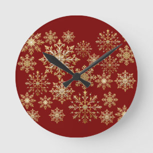 Christams Gold and Red Snowflake Round Clock