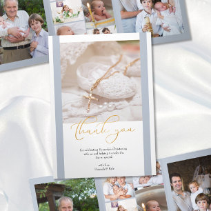 Christening 10 Photo Thank You Blue and White Tri-Fold Card