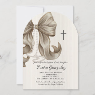 Christening Baptism Elegant Neutral Striped Bow Invitation