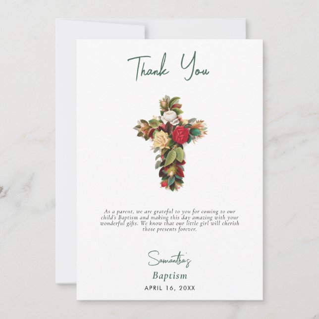 Christening Baptism Floral Cross Boy Girl Thank You Card (Front)