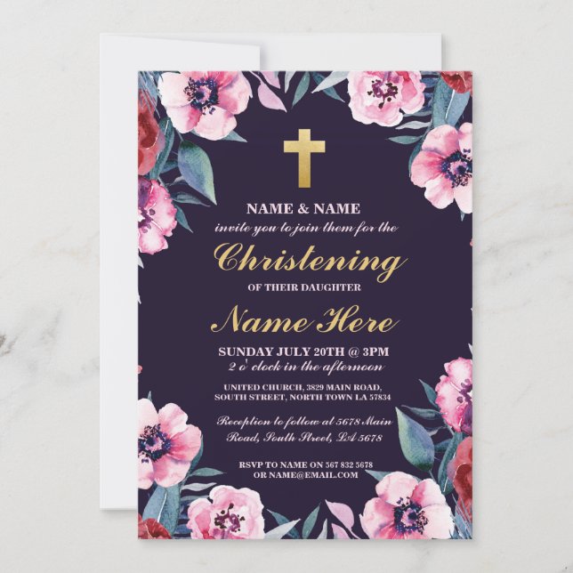 Christening Baptism Floral Cross Navy Pink Invite (Front)