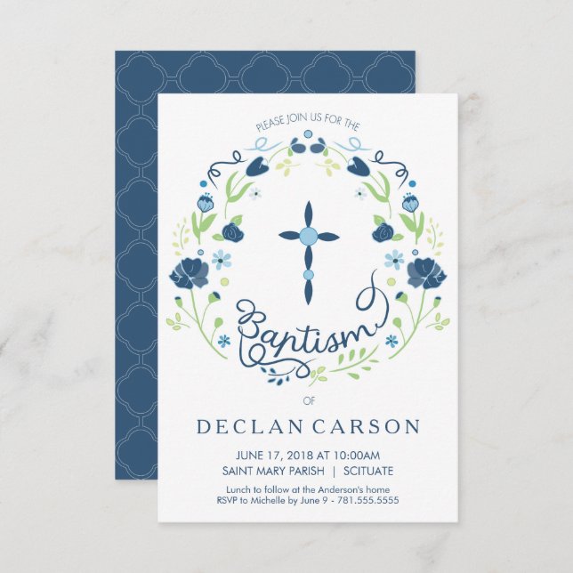 Christening, Baptism Invitation Boys Invite Card (Front/Back)