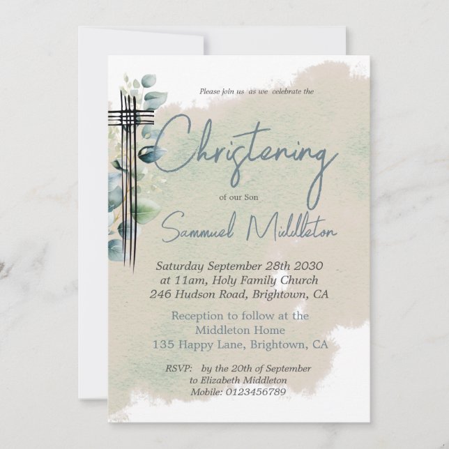 Christening Baptism Modern Botanical Elegant Cross Invitation (Front)