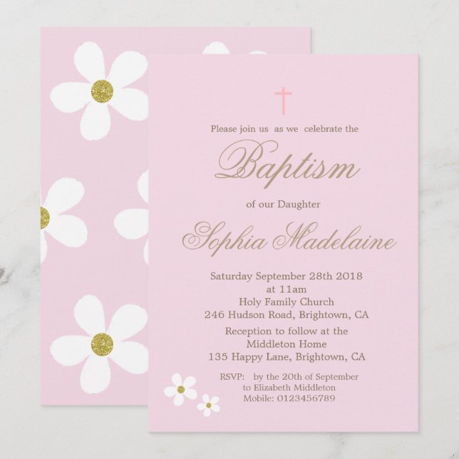 Christening Baptism Pink Floral Girl Gold Invitation (Front/Back)
