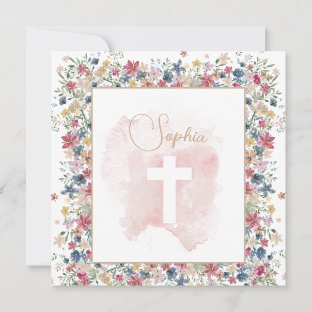 Christening Baptism Pink Floral Religious Cross Invitation (Back)
