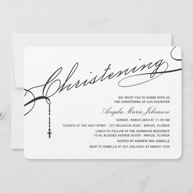 Christening Black Script Cross Photo Religious Invitation (Front)