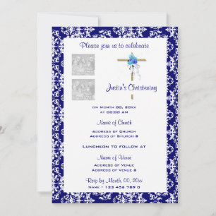 Christening blue damask photo PERSONALIZE Invitation