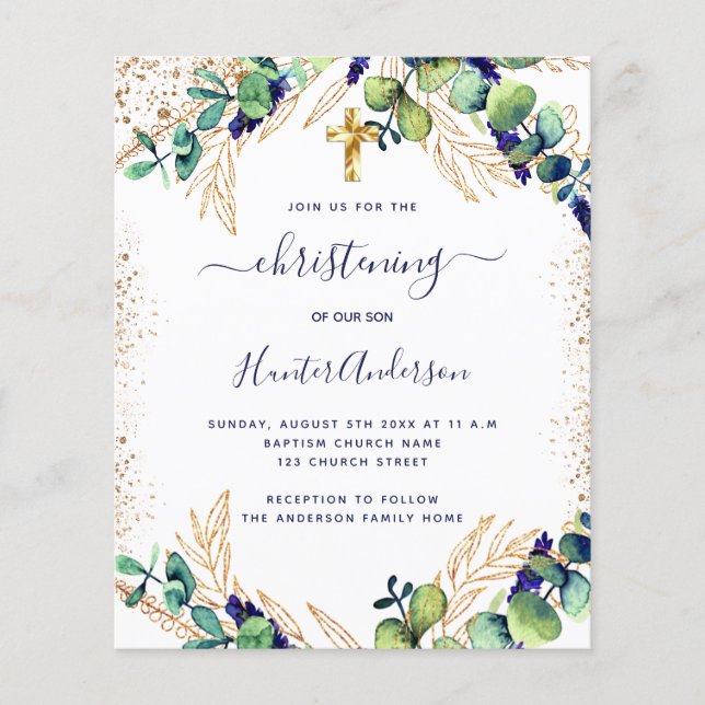 Christening blue eucalyptus greenery invitation flyer (Front)