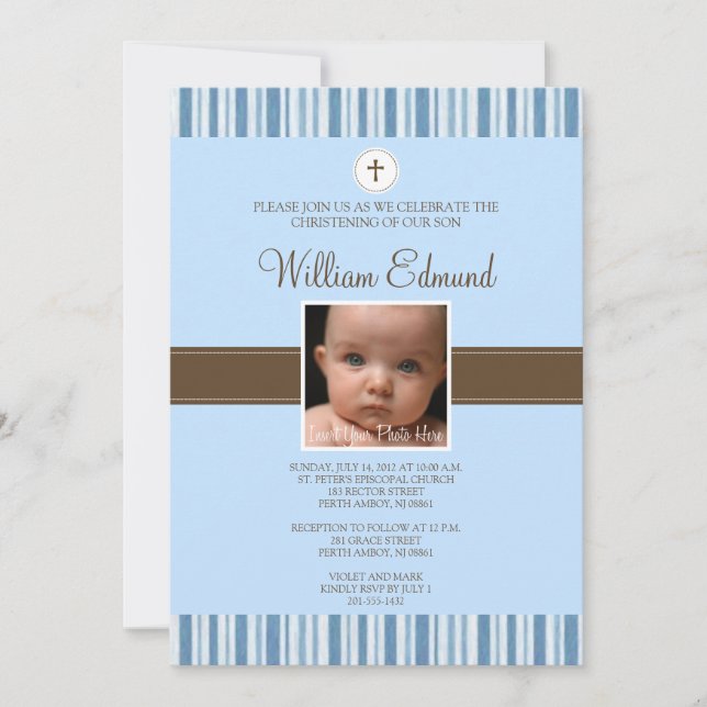 Christening Blue Stripe Photo Invitation - Boy (Front)