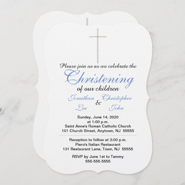 Christening Blue Twins Invitations (Front/Back)