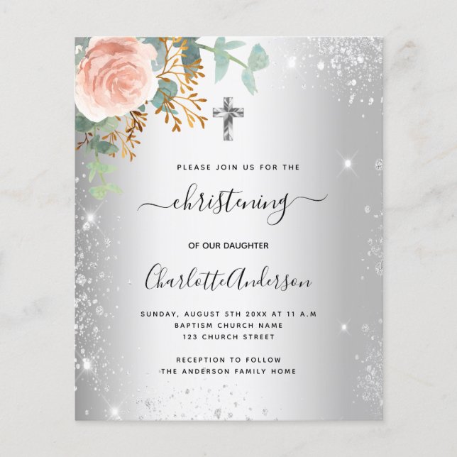 Christening blush floral silver sparkle invitation flyer (Front)