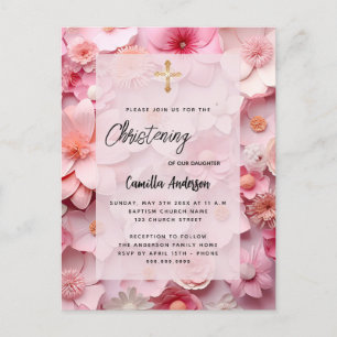 Christening blush pink flowers baby girl invitation postcard