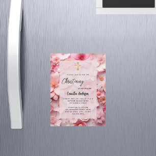 Christening blush pink flowers baby girl luxury magnetic invitation
