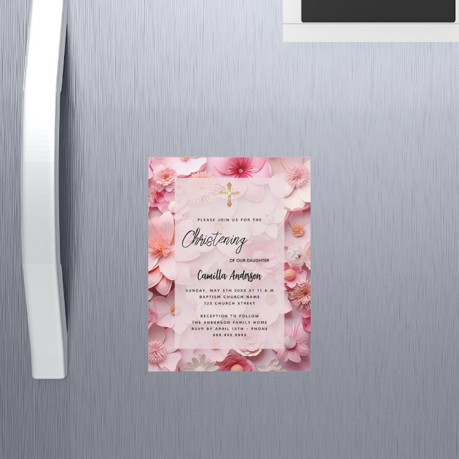 Christening blush pink flowers baby girl luxury magnetic invitation (Creator Uploaded)