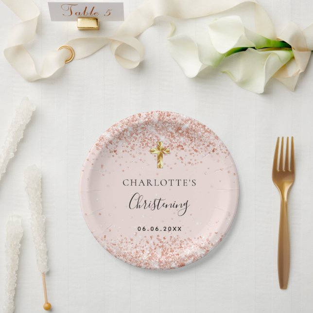 Christening blush pink girl paper plate (Wedding)