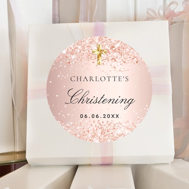 Christening blush rose gold glitter name girl classic round sticker (Creator Uploaded)